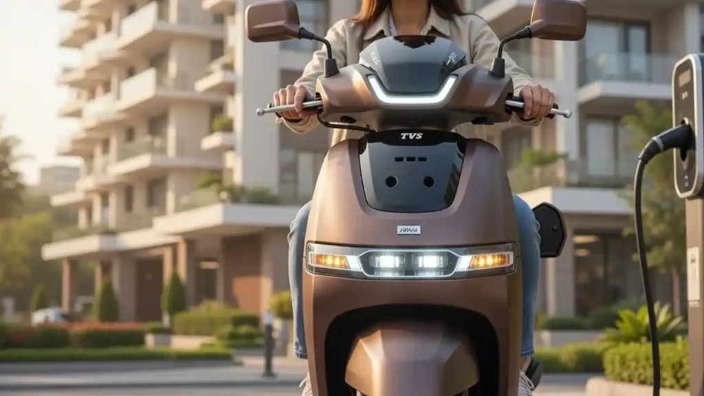 Front view of TVS iQube Electric with a rider