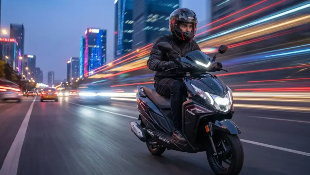 Honda Dio 125 running on a city road with a young rider.