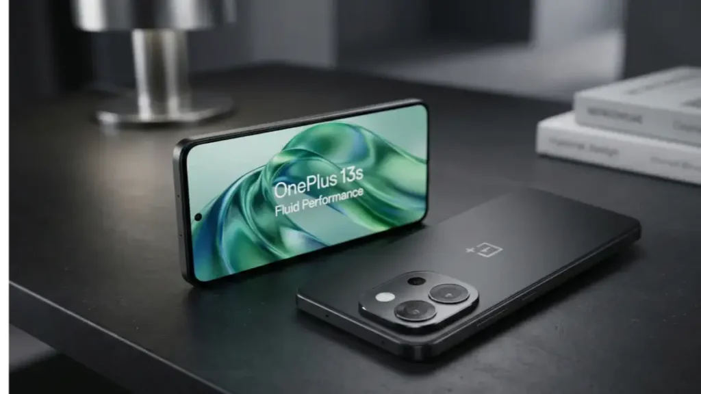 OnePlus 13s front and back design visualization on a stylish desk.