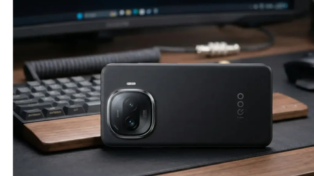 Rear camera setup of iQOO Z11 Turbo highlighting the 200MP lens on a stylish desk.