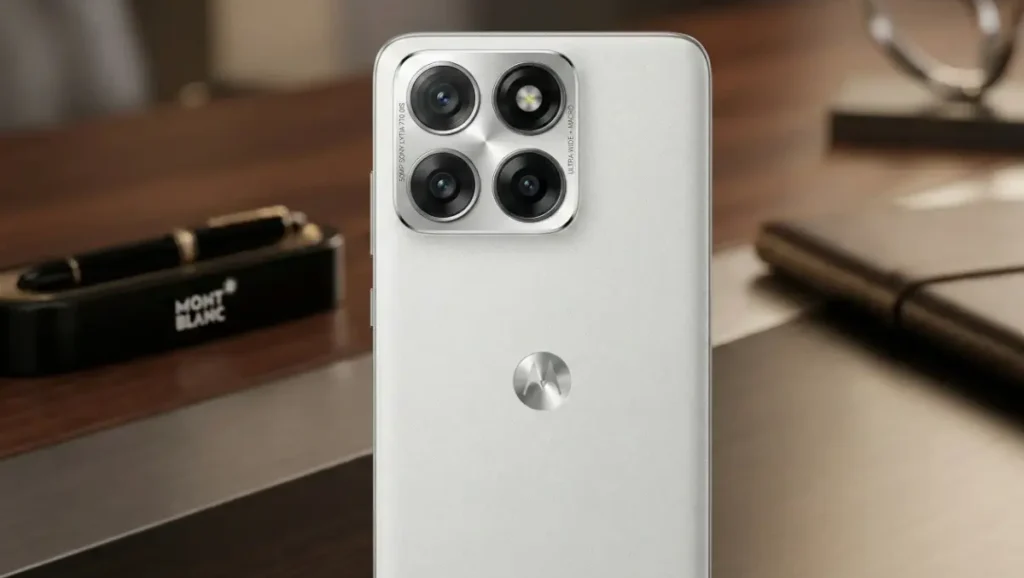 Rear camera setup of Motorola Edge 70 Fusion on a stylish desk.