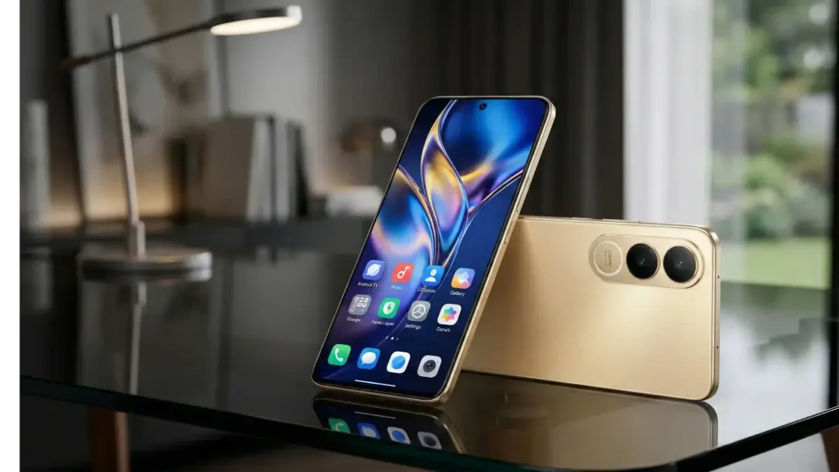 vivo V70 FE front and back design visualization on a stylish desk.