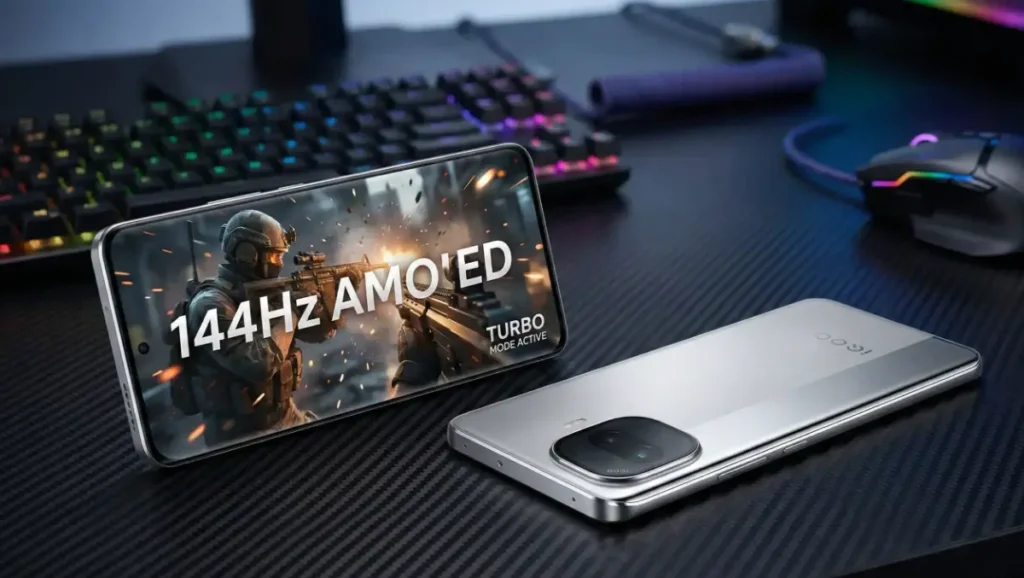 iQOO Z11 Turbo front and back design visualization on a stylish desk.