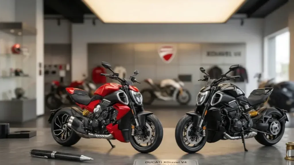 Miniature models of Ducati XDiavel V4 in Red and Black on a stylish desk.
