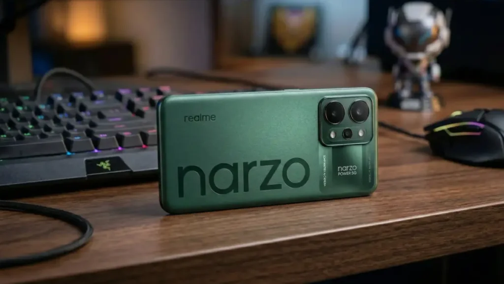 Rear design of Realme Narzo Power 5G highlighting the ArmorShell build on a stylish desk.