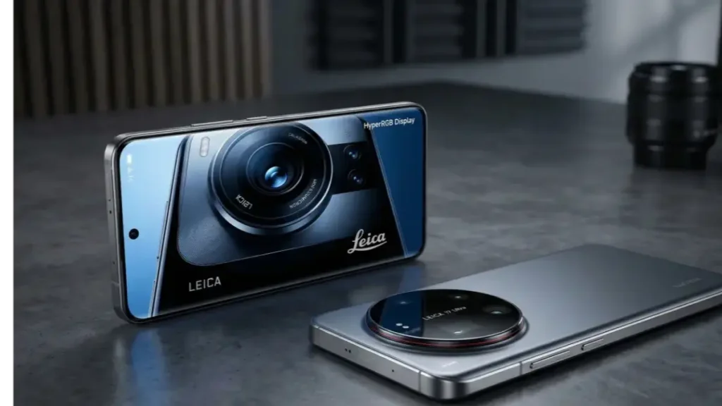 Xiaomi 17 Ultra front and back design visualization on a stylish desk.