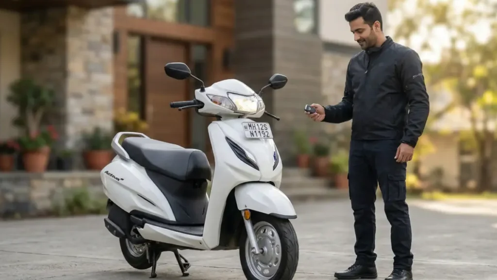 Front view of Honda Activa 6G with a rider in a residential setting.