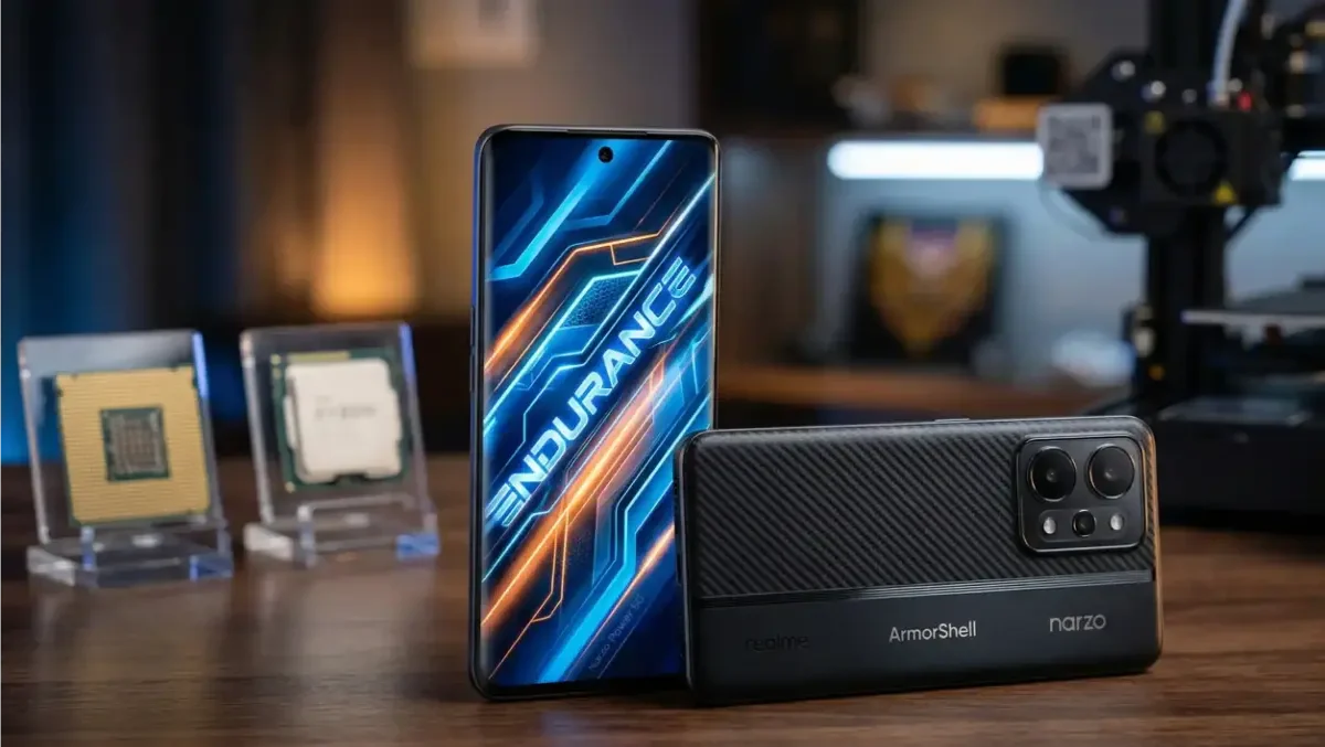 Realme Narzo Power 5G front and back design visualization on a stylish desk.