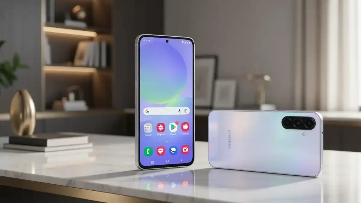 Samsung Galaxy A37 front and back design visualization on a stylish desk.