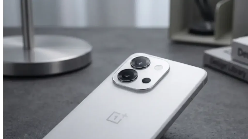 Rear camera setup of OnePlus 13s on a stylish desk highlighting the clean design.