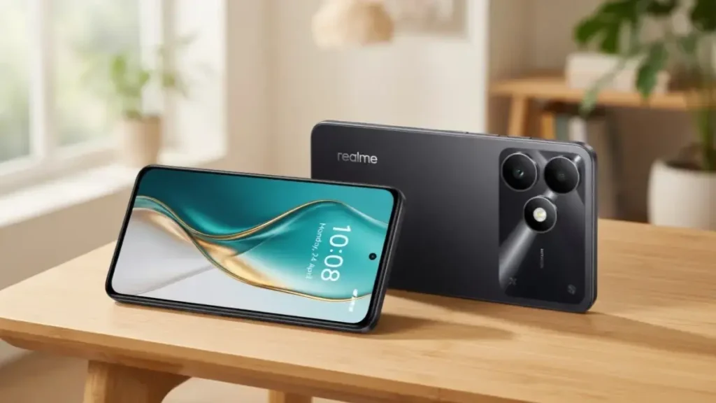 Realme Note 80 Glacier Blue and Storm Black variants on a stylish desk.