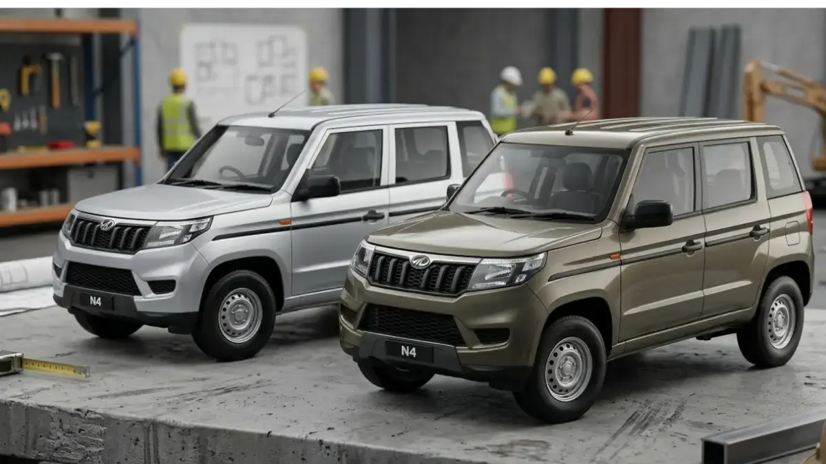 models of Mahindra Bolero Neo N4 on a stylish desk showcasing rugged design.