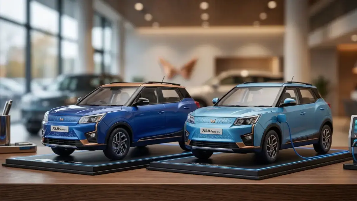 Scale models of Mahindra XUV400 EV on a stylish desk.