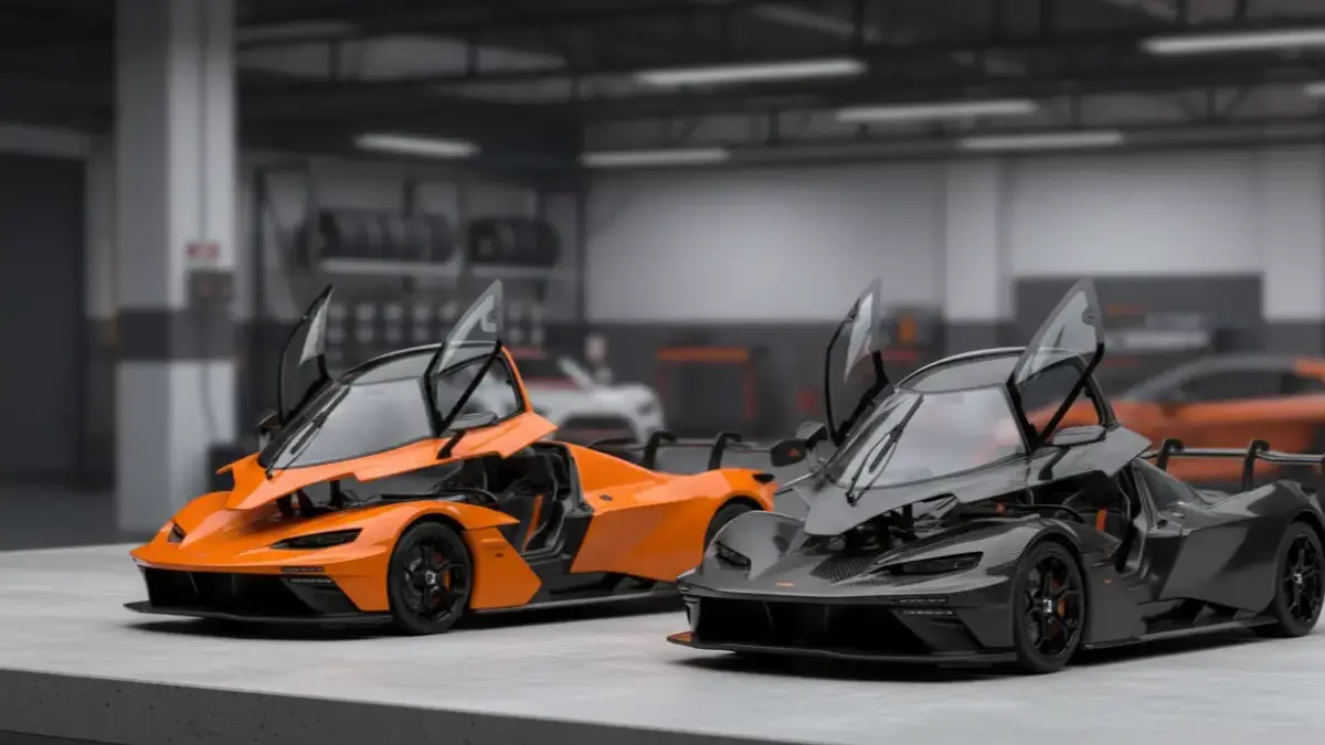 Scale models of KTM X-Bow GT-XR in Orange and Carbon on a stylish desk.