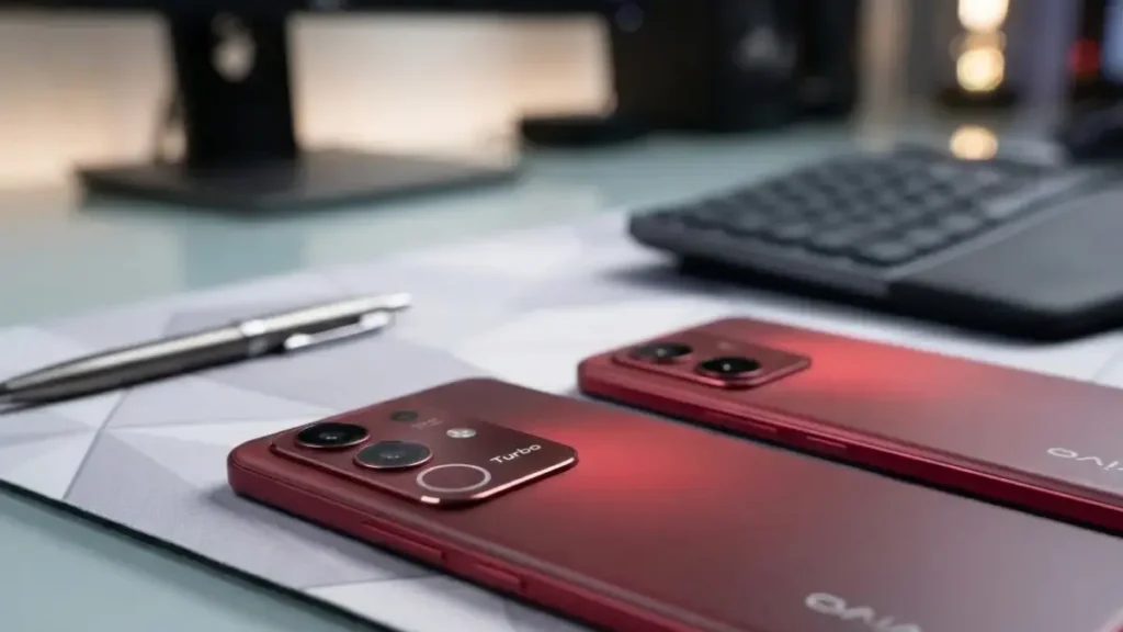 Rear camera design of Vivo T5x 5G on a stylish desk.