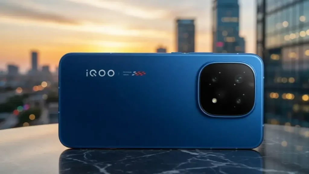 Rear camera design and slim profile of iQOO 15R on a stylish desk.