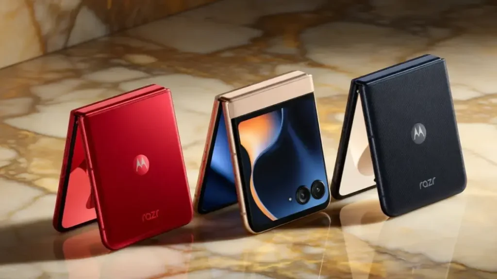 Rear camera design and texture of Motorola Razr 70 on a stylish desk.