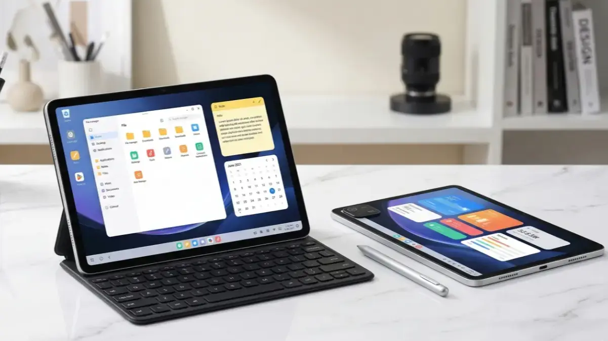 Xiaomi Pad 8 with keyboard and stylus on a stylish desk.