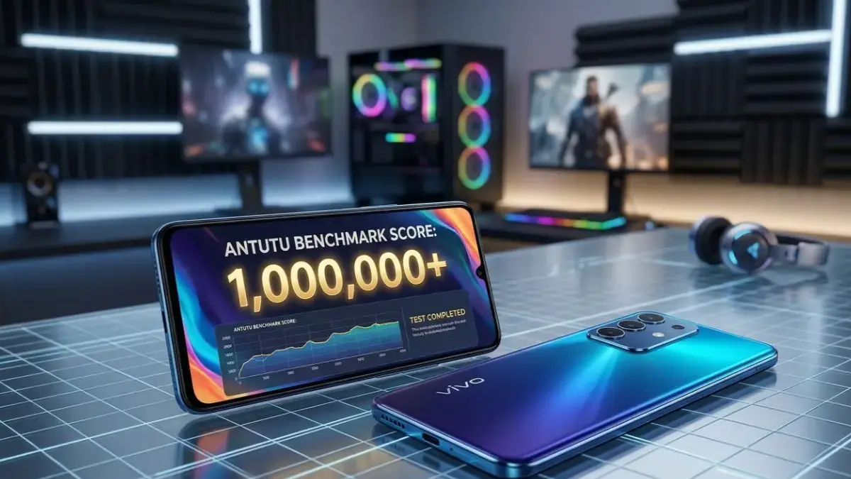 Vivo T5x 5G front and back design showing AnTuTu score on a stylish desk.