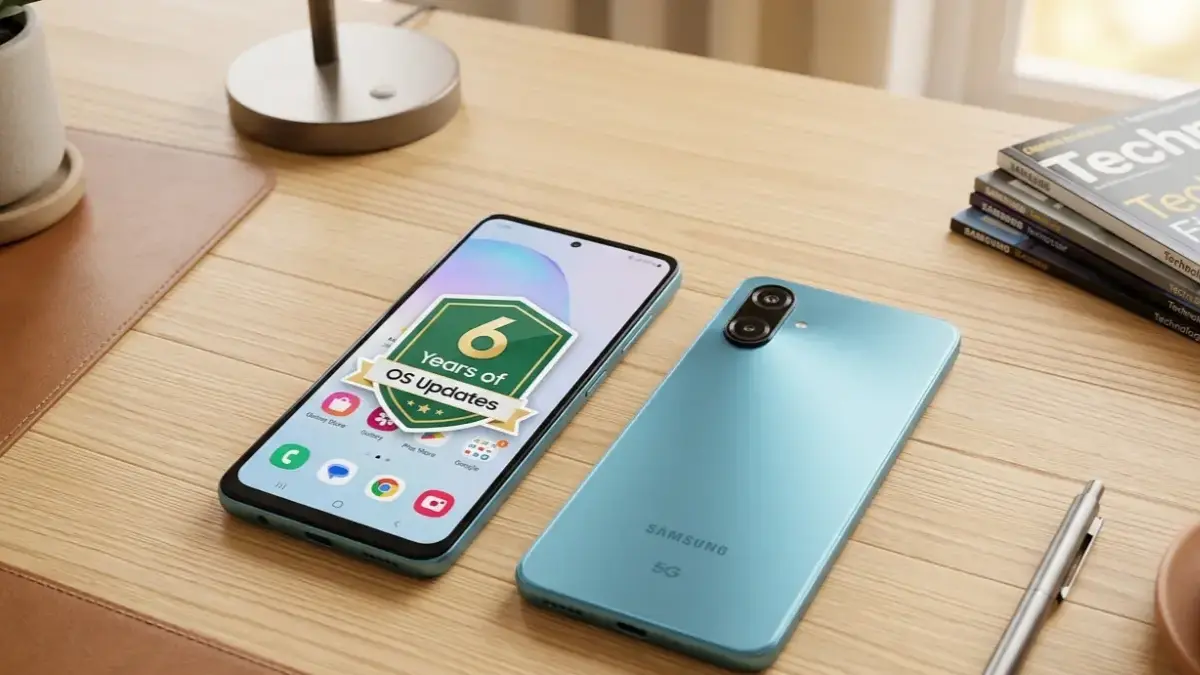 Samsung Galaxy M17e 5G Blitz Blue and Vibe Violet variants on a stylish desk.