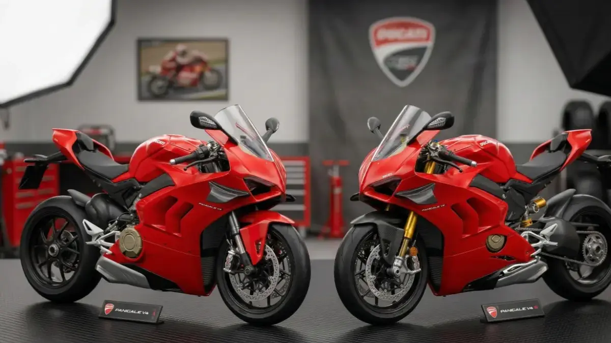 Scale models of New Ducati Panigale V4 and V4 S on a stylish desk.