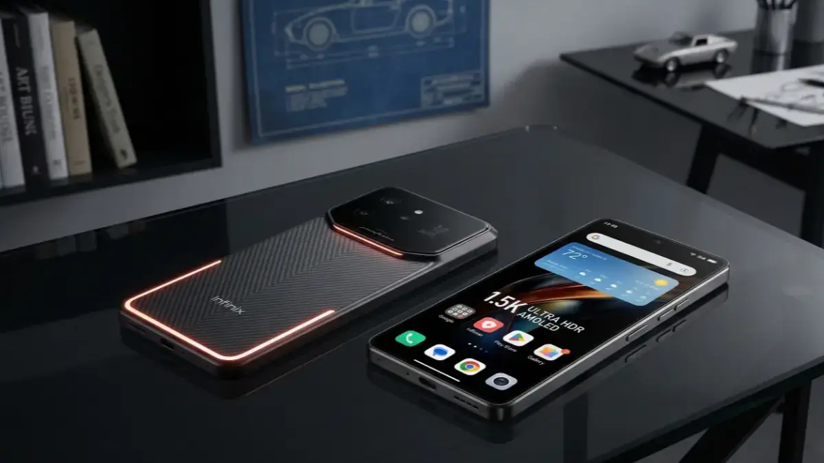 Infinix Note 60 Ultra front and back design with Pininfarina aesthetics on a stylish desk.