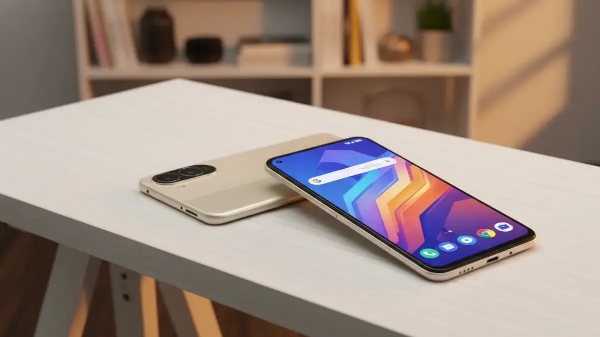 Poco C85x 5G Sunset Gold and Elite Black variants on a stylish desk.