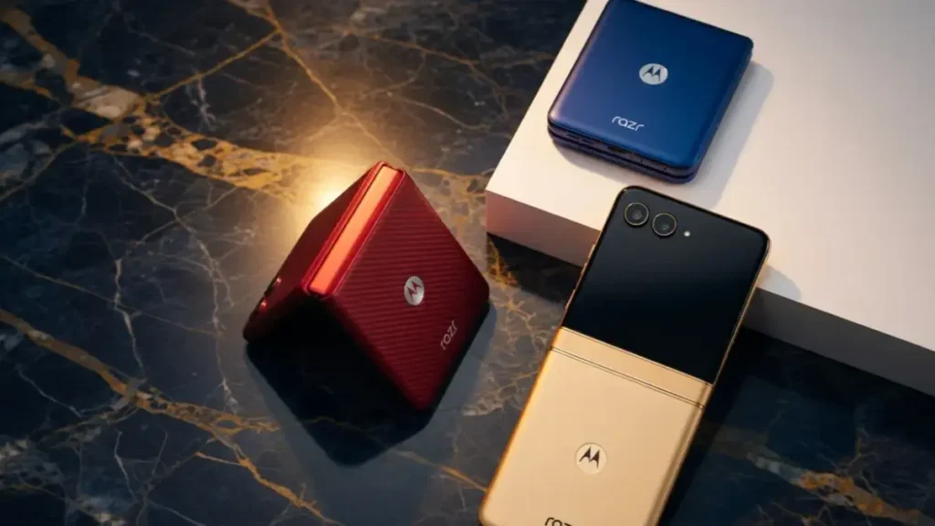 Motorola Razr 70 unfolded and folded states on a stylish desk.