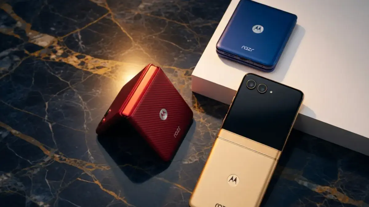 Motorola Razr 70 unfolded and folded states on a stylish desk.