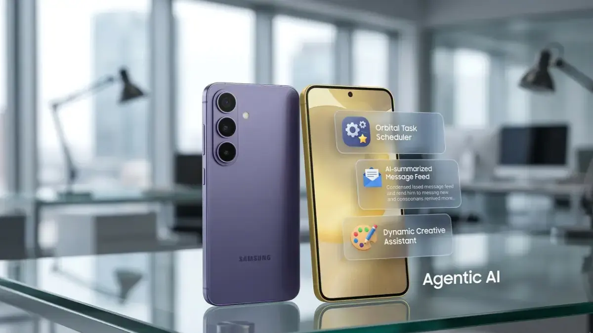 Samsung Galaxy S26 Cobalt Violet and Amber Yellow variants on a stylish desk.