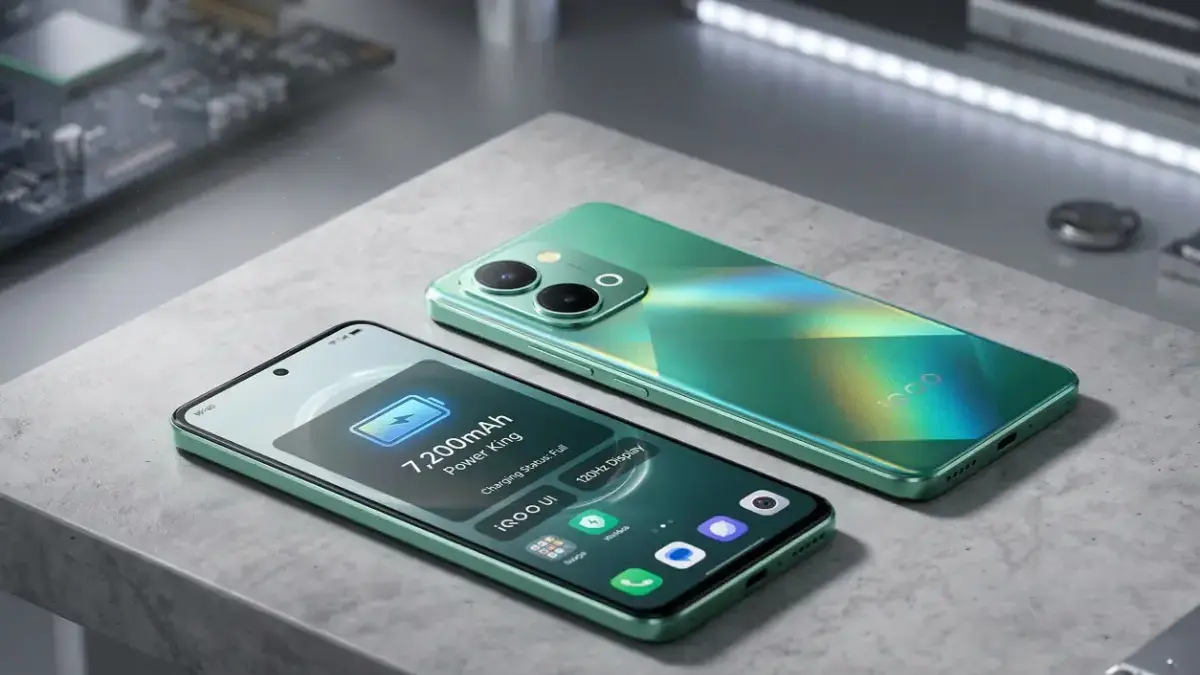 iQOO Z11x 5G Prismatic Green and Titan Black variants on a stylish desk.