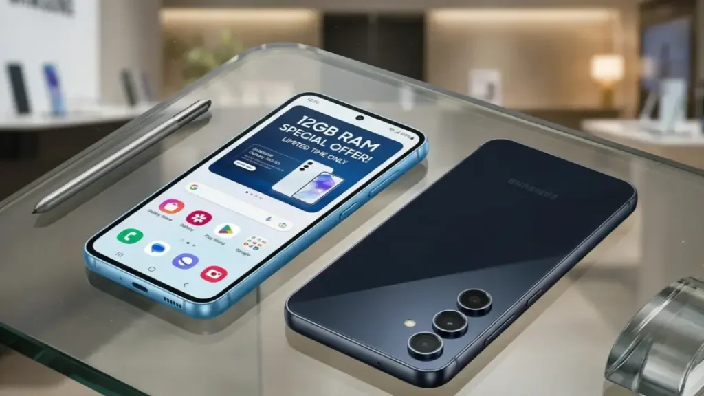 Samsung Galaxy A55 5G Iceblue and Navy variants on a stylish desk.