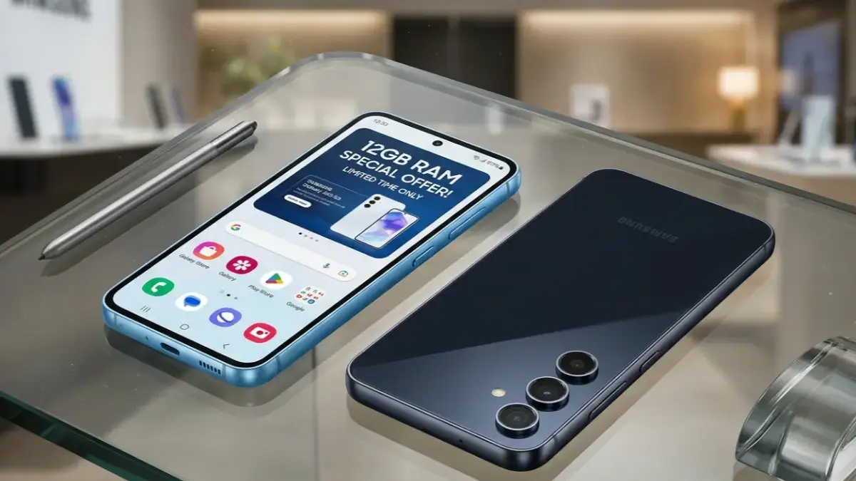 Samsung Galaxy A55 5G Iceblue and Navy variants on a stylish desk.