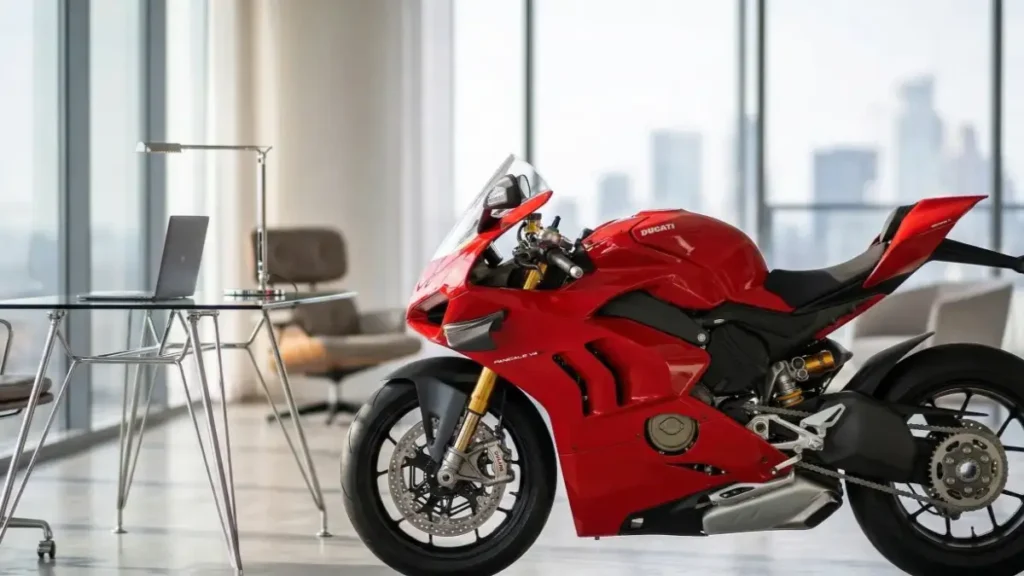 Side profile of New Ducati Panigale V4 S highlighting aerodynamic design.