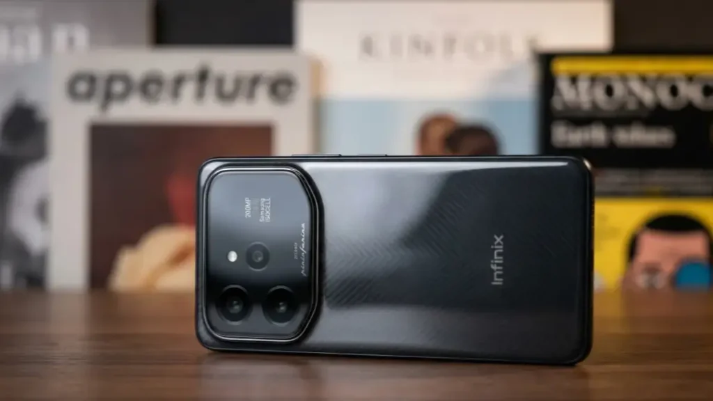 Rear 200MP camera design of Infinix Note 60 Ultra on a stylish desk.