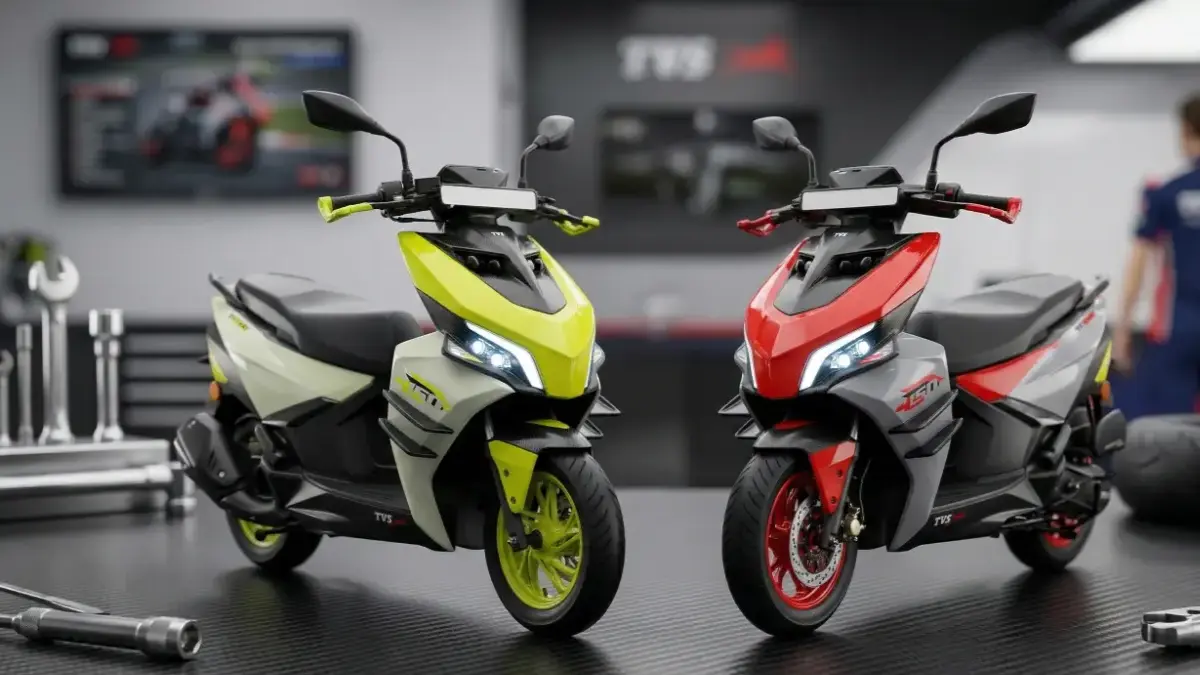 models of TVS Ntorq 150 in Green and Red on a stylish desk.