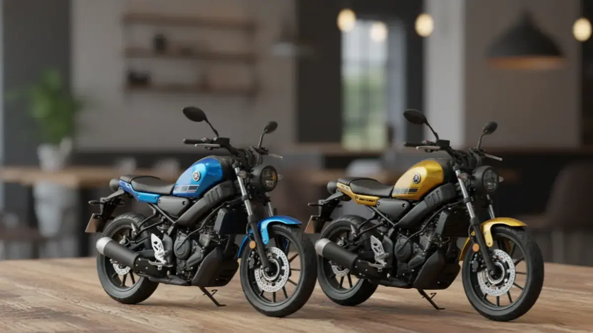 models of Yamaha XSR 155 in Blue and Gold-Black on a stylish desk.