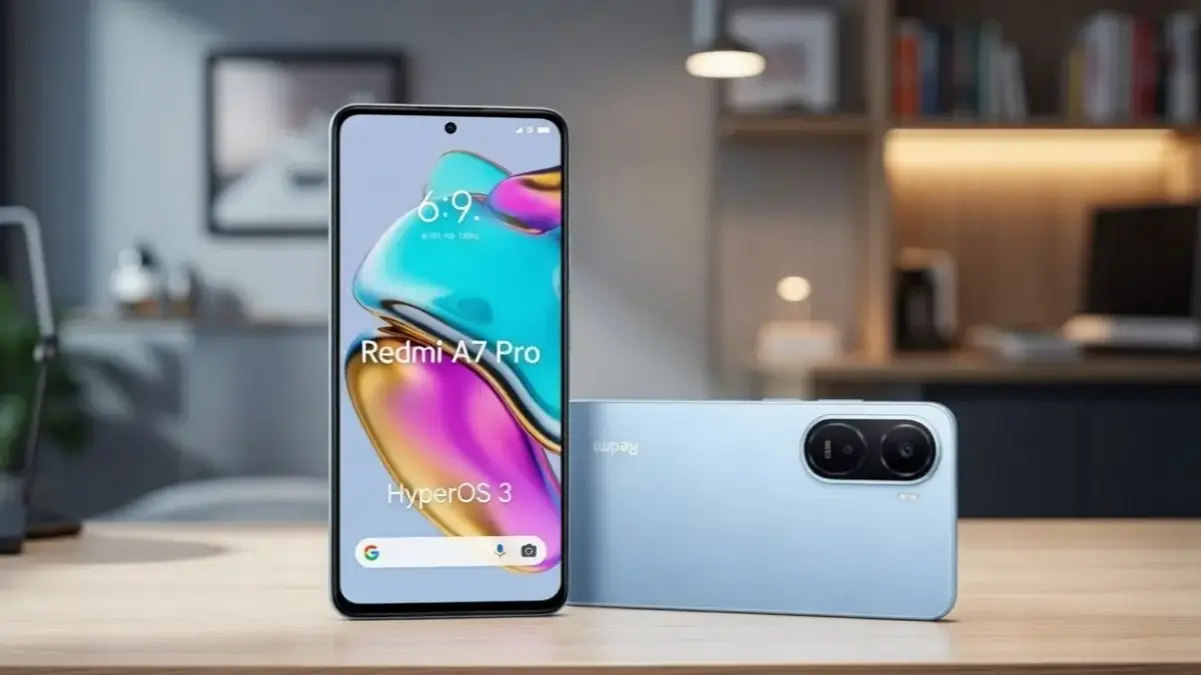 Redmi A7 Pro front and back design visualization on a stylish desk.