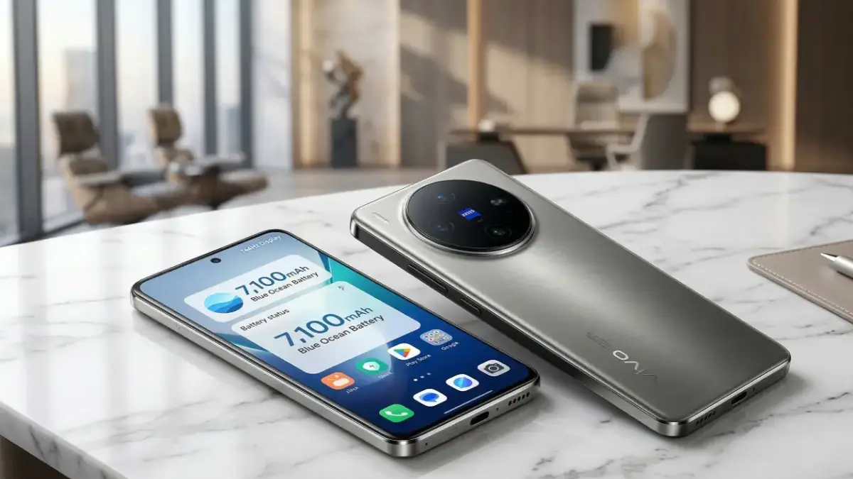 Vivo X300s Titanium Grey variant with battery graphics on a stylish desk.