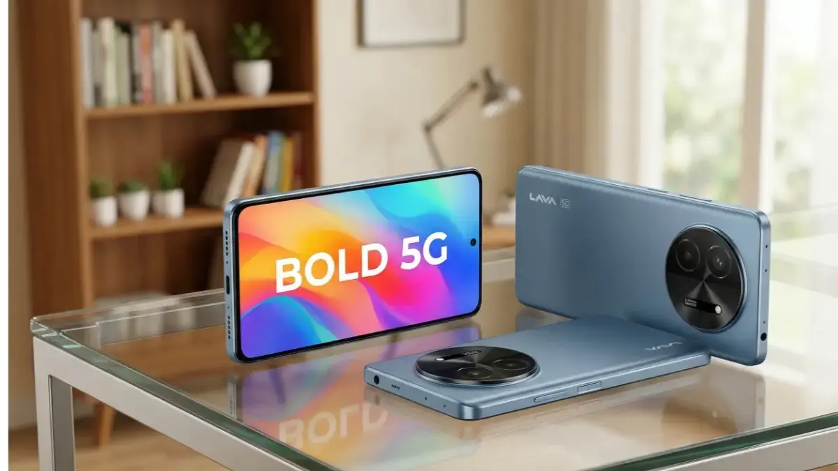 Lava Bold 2 5G front and side profile on a stylish desk.