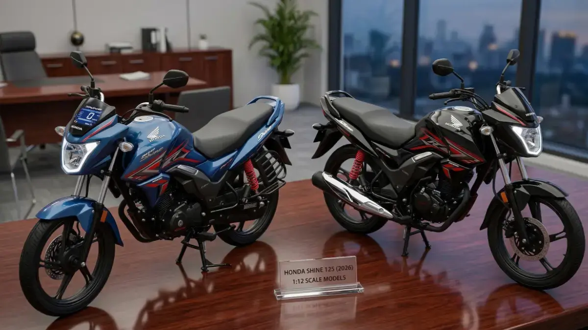 models of Honda Shine 125cc (2026) on a stylish desk.