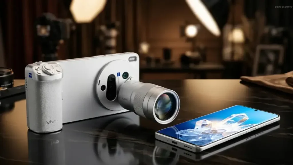 Vivo X300 Ultra with Zeiss telephoto extender on a stylish desk.