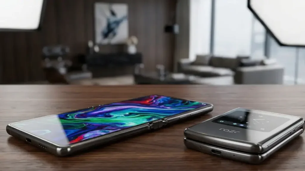 Motorola Razr Fold unfolded and folded on a stylish desk.