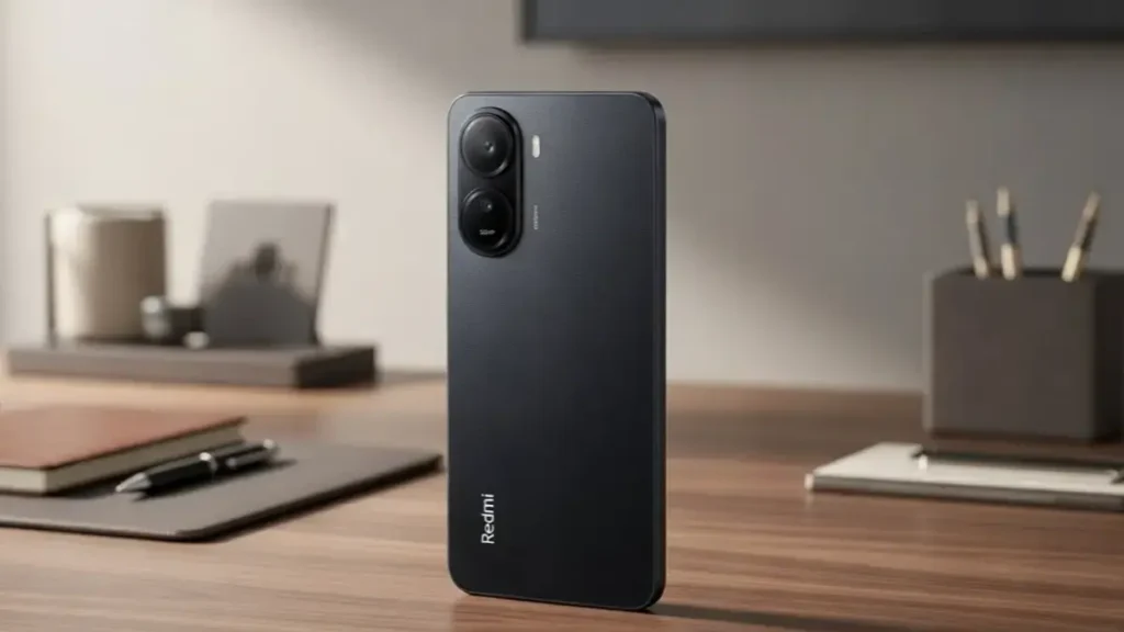 Rear camera setup of Redmi A7 Pro on a stylish desk.
