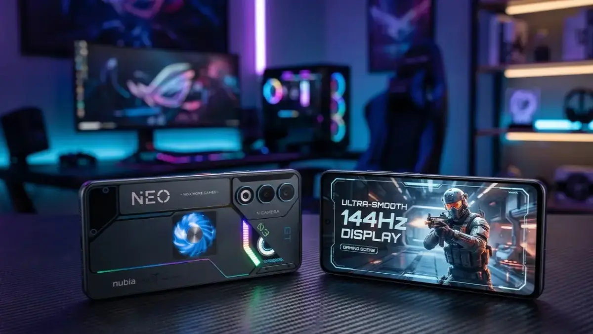 Nubia Neo 5 GT front and back design with RGB lighting on a stylish desk.