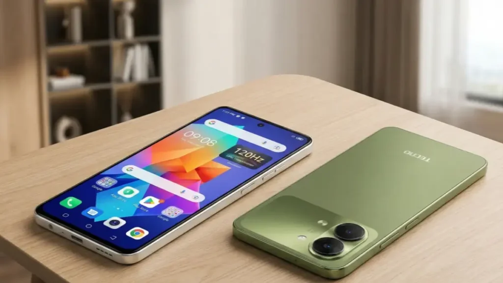 Tecno Pop X Flare White and Chilly Green variants on a stylish desk.