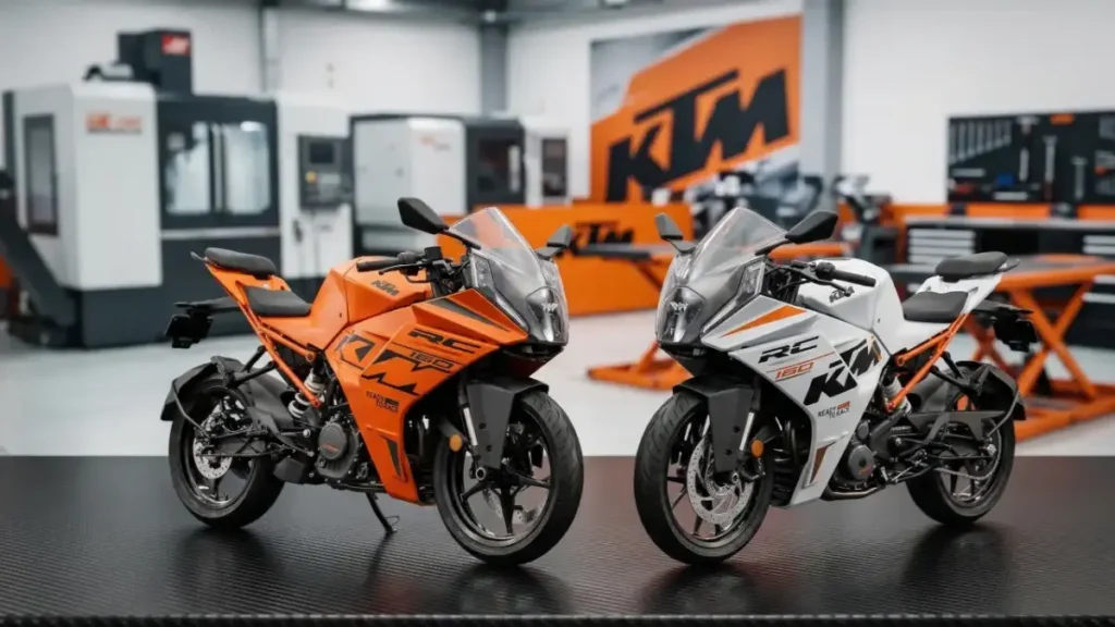 Scale models of KTM RC 160 in Orange and White on a stylish desk.