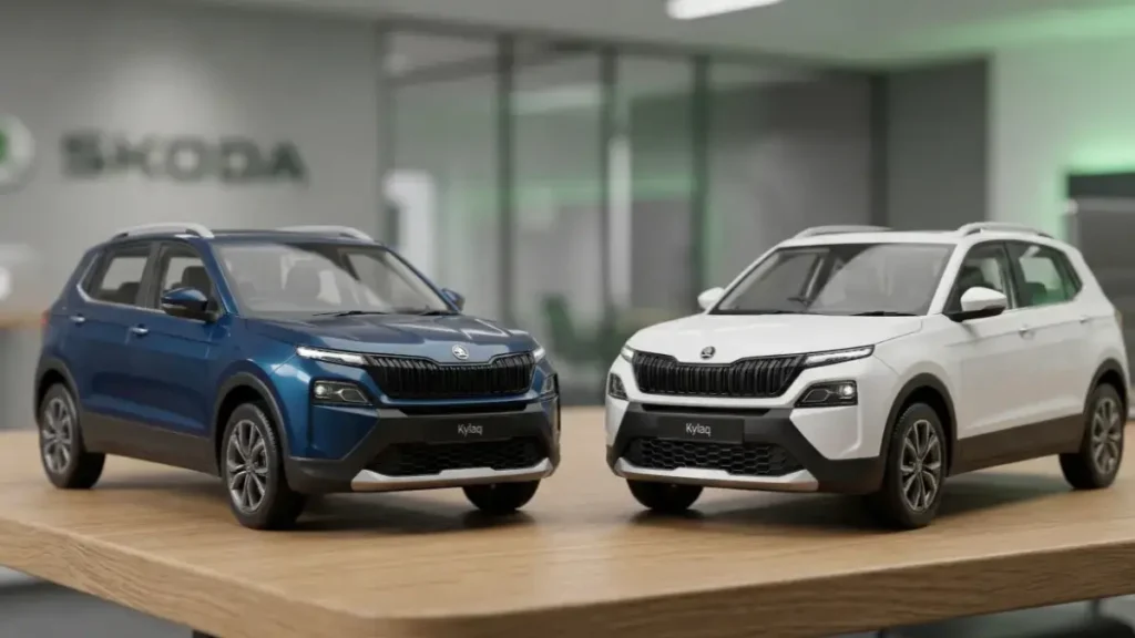 Scale models of Skoda Kylaq in Blue and White on a stylish desk.