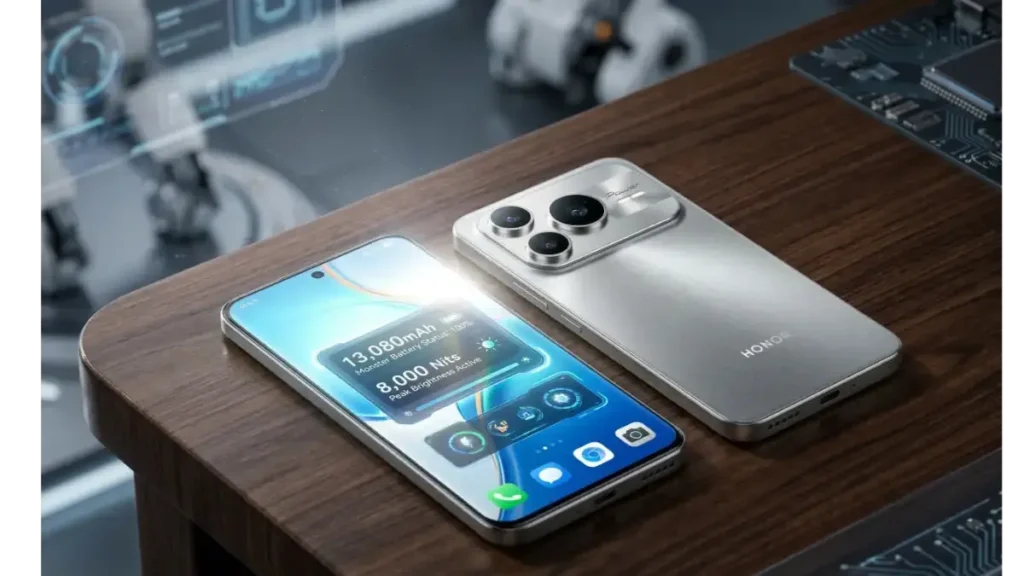 Honor X80 GT Titanium Silver variant with monster battery graphics on a stylish desk.