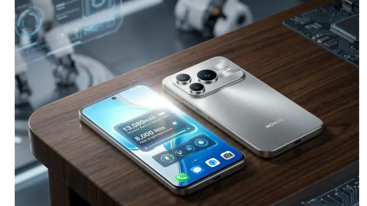 Honor X80 GT Titanium Silver variant with monster battery graphics on a stylish desk.